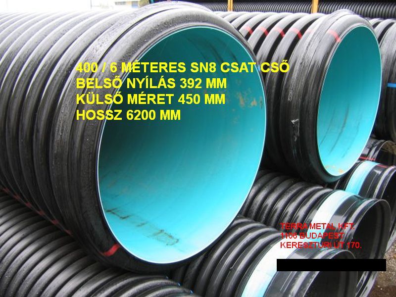 400 as 6 meteres pp csatorna cso sn8kn gyurumerecseg kivul bordas belul sima korrugalt